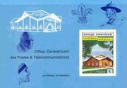 Central African Republic 1971 Roman Catholic Cathedral deluxe proof card in full issued colours (as SG 250) opt'd in blue showing Scout logo, Baden Powell, the Pope & Mother Teresa