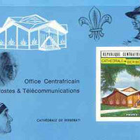 Central African Republic 1971 Roman Catholic Cathedral deluxe proof card in full issued colours (as SG 250) opt'd in black showing Scout logo, Baden Powell, the Pope & Mother Teresa