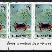 Dominica 1973 Flora & Fauna 1/2c Cyrique Crab imprint corner strip of 3, one stamp with variety 'red line infront of D of Dominica' (R5/8) unmounted mint