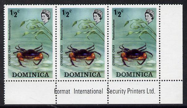 Dominica 1973 Flora & Fauna 1/2c Cyrique Crab imprint corner strip of 3, one stamp with variety 'red line infront of D of Dominica' (R5/8) unmounted mint