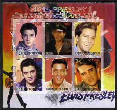 Djibouti 2007 Elvis Presley - King of Rock 'n' Roll #1 imperf sheetlet containing 6 values unmounted mint. Note this item is privately produced and is offered purely on its thematic appeal