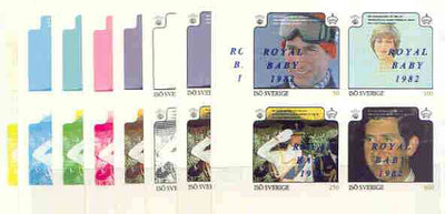 Iso - Sweden 1982 Royal Baby opt on Royal Wedding deluxe sheet, the set of 9 imperf progressive colour proofs comprising single colours and various colour combinations incl completed design unmounted mint