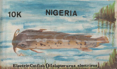 Nigeria 1991 Fishes - original hand-painted artwork for 10k value (Catfish) by Remi Adeyemi similar to issued stamp on card 8.5