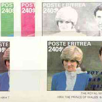 Eritrea 1982 Royal Baby opt on Royal Wedding deluxe sheet (240 value) the set of 9 imperf progressive colour proofs comprising the four individual colours plus various composites incl completed design