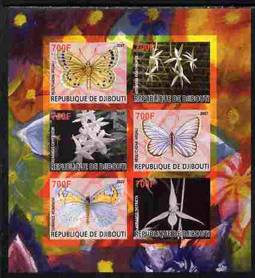 Djibouti 2007 Butterflies & Orchids #5 imperf sheetlet containing 6 values unmounted mint. Note this item is privately produced and is offered purely on its thematic appeal
