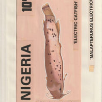 Nigeria 1991 Fishes - original hand-painted artwork for 10k value (Catfish) by unknown artist on card 8.5" x 5" endorsed A3
