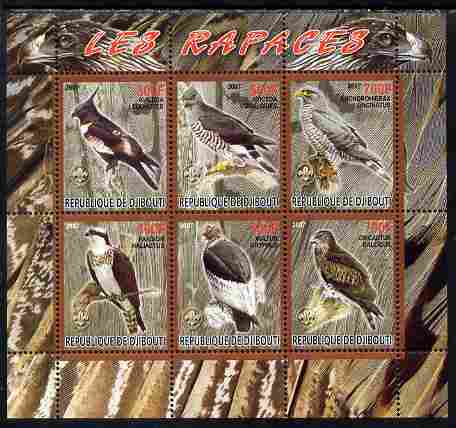 Djibouti 2007 Birds of Prey with Scout Logos perf sheetlet containing 6 values unmounted mint. Note this item is privately produced and is offered purely on its thematic appeal