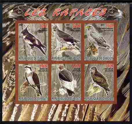 Djibouti 2007 Birds of Prey with Scout Logos imperf sheetlet containing 6 values unmounted mint. Note this item is privately produced and is offered purely on its thematic appeal