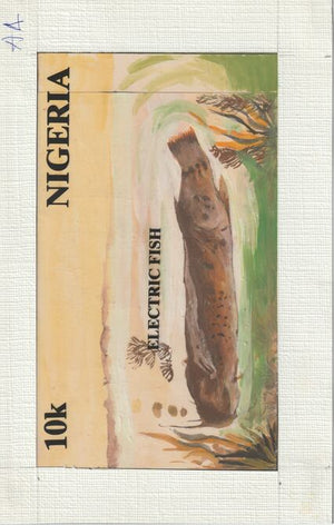 Nigeria 1991 Fishes - original hand-painted artwork for 10k value (Catfish) by unknown artist on card 8.5" x 5" endorsed A4