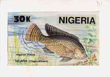 Nigeria 1991 Fishes - original hand-painted artwork for 30k value (Talapia) by Godrick N Osuji on card 9