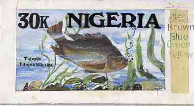 Nigeria 1991 Fishes - original hand-painted artwork for 30k value (Talapia) by Remi Adeyemi on card 8.5