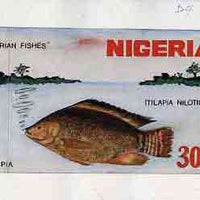Nigeria 1991 Fishes - original hand-painted artwork for 30k value (Talapia) by NSP&MCo Staff Artist Clement O Ogbebor on card 8.5" x 5" endorsed D4