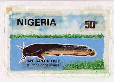 Nigeria 1991 Fishes - original hand-painted artwork for 50k value (Catfish) by Nojim A Lasisi similar to issued stamp on card 9