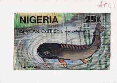 Nigeria 1991 Fishes - original hand-painted artwork for 25k value (Catfish) by Godrick N Osuji on card 8.5