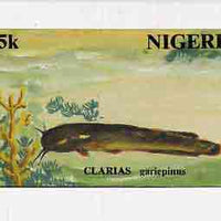 Nigeria 1991 Fishes - original hand-painted artwork for 25k value (Clarias Catfish) by unknown artist on card 8.5" x 5" endorsed C4