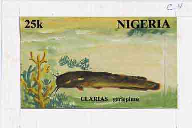 Nigeria 1991 Fishes - original hand-painted artwork for 25k value (Clarias Catfish) by unknown artist on card 8.5