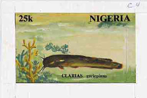Nigeria 1991 Fishes - original hand-painted artwork for 25k value (Clarias Catfish) by unknown artist on card 8.5" x 5" endorsed C4