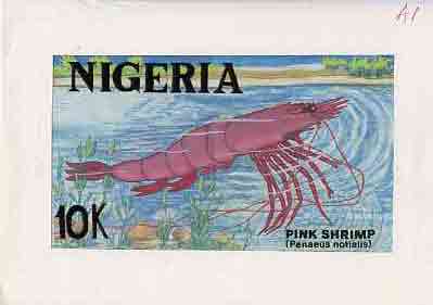 Nigeria 1988 Shrimps - original hand-painted artwork for 10k value (Pink Shrimp) by Godrick N Osuji on card 8.5