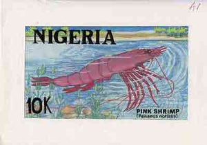 Nigeria 1988 Shrimps - original hand-painted artwork for 10k value (Pink Shrimp) by Godrick N Osuji on card 8.5" x 5" endorsed A1
