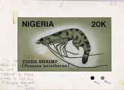 Nigeria 1988 Shrimps - original hand-painted artwork for 20k value (Tiger Shrimp) by NSP&MCo Staff Artist Samuel A M Eluare similar to issued design on card 8.5