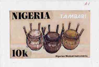 Nigeria 1989 Musical Instruments - original hand-painted artwork for 10k value (Tambari) by Godrick N Osuji on card 8.5