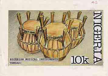Nigeria 1989 Musical Instruments - original hand-painted artwork for 10k value (Tambari) by Francis Nwaije Isibor on card 8.5" x 5" endorsed A3