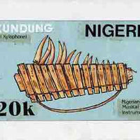 Nigeria 1989 Musical Instruments - original hand-painted artwork for 20k value (Kundung but inscribed 'Xylophone' in error) by unknown artist on card 8.5" x 5" endorsed B1