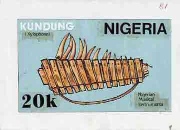 Nigeria 1989 Musical Instruments - original hand-painted artwork for 20k value (Kundung but inscribed 'Xylophone' in error) by unknown artist on card 8.5