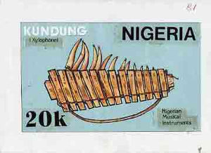 Nigeria 1989 Musical Instruments - original hand-painted artwork for 20k value (Kundung but inscribed 'Xylophone' in error) by unknown artist on card 8.5" x 5" endorsed B1