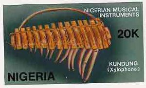 Nigeria 1989 Musical Instruments - original hand-painted artwork for 20k value (Kundung) by NSP&MCo Staff Artist Samuel A M Eluare on card 8.5" x 5" endorsed B5