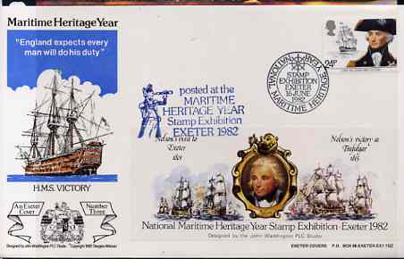 Great Britain 1982 illustrated cover for National Maritime Stamp Exhibition bearing 24p Nelson stamp with special 'Battle of Trafalgar' exhibition label with cachet