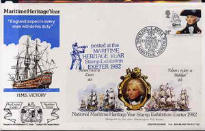 Great Britain 1982 illustrated cover for National Maritime Stamp Exhibition bearing 24p Nelson stamp with special 'Battle of Trafalgar' exhibition label with cachet