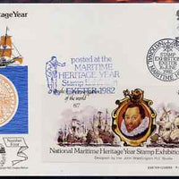 Great Britain 1982 illustrated cover for National Maritime Stamp Exhibition bearing 15.5p Mary Rose stamp with special 'Drake & Armada' exhibition label with cachet