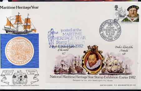Great Britain 1982 illustrated cover for National Maritime Stamp Exhibition bearing 15.5p Mary Rose stamp with special 'Drake & Armada' exhibition label with cachet