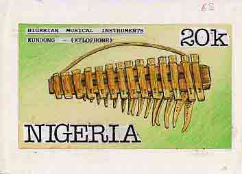Nigeria 1989 Musical Instruments - original hand-painted artwork for 20k value (Kundung) by Francis Nwaije Isibor on card 8.5