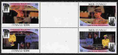 Tuvalu - Nui 1986 Royal Wedding (Andrew & Fergie) $1 with 'Congratulations' opt in silver in unissued perf tete-beche inter-paneau block of 4 (2 se-tenant pairs) unmounted mint from Printer's uncut proof sheet