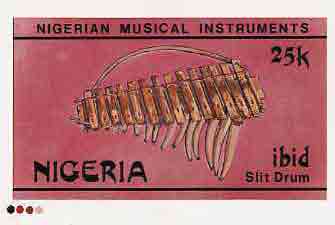 Nigeria 1989 Musical Instruments - original hand-painted artwork for 25k value (Kundung but inscribed Ibid Slit drum in error) by NSP&MCo Staff Artist Hilda T Woods on card 8.5
