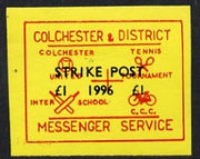 Cinderella - Great Britain 1996 Colchester & District Messenger Service imperf label (red on yellow) showing Football, Tennis, Cricket & Bicycle opt'd Strike Post £1 1996,unmounted mint