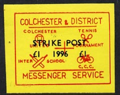 Cinderella - Great Britain 1996 Colchester & District Messenger Service imperf label (red on yellow) showing Football, Tennis, Cricket & Bicycle opt'd Strike Post £1 1996,unmounted mint