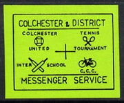 Cinderella - Great Britain 1990 Colchester & District Messenger Service imperf label (black on green) showing Football, Tennis, Cricket & Bicycle unmounted mint