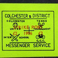 Cinderella - Great Britain 1996 Colchester & District Messenger Service imperf label (black on green) showing Football, Tennis, Cricket & Bicycle opt'd Strike Post £2 1996 unmounted mint