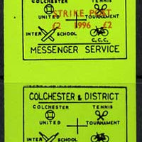 Cinderella - Great Britain 1996 Colchester & District Messenger Service imperf label (black on green) showing Football, Tennis, Cricket & Bicycle opt'd Strike Post £2 1996, se-tenant pair, one without opt unmounted mint