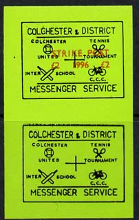 Cinderella - Great Britain 1996 Colchester & District Messenger Service imperf label (black on green) showing Football, Tennis, Cricket & Bicycle opt'd Strike Post £2 1996, se-tenant pair, one without opt unmounted mint