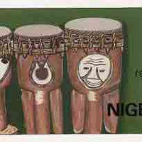 Nigeria 1989 Musical Instruments - original hand-painted artwork for 25k value (Ibid slit drum) by NSP&MCo Staff Artist Samuel A M Eluare, as issued stamp except inscription changed, on card 8.5" x 5" endorsed C6