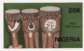 Nigeria 1989 Musical Instruments - original hand-painted artwork for 25k value (Ibid slit drum) by NSP&MCo Staff Artist Samuel A M Eluare, as issued stamp except inscription changed, on card 8.5