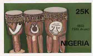 Nigeria 1989 Musical Instruments - original hand-painted artwork for 25k value (Ibid slit drum) by NSP&MCo Staff Artist Samuel A M Eluare, as issued stamp except inscription changed, on card 8.5" x 5" endorsed C6