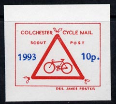 Cinderella - Great Britain 1993 Colchester Cycle Mail Scout Post 10p imperf label on ungummed paper in red & blue*