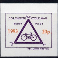 Cinderella - Great Britain 1993 Colchester Cycle Mail Scout Post 20p imperf label on ungummed paper in blue & orange*