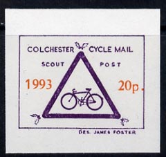Cinderella - Great Britain 1993 Colchester Cycle Mail Scout Post 20p imperf label on ungummed paper in blue & orange*