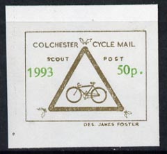 Cinderella - Great Britain 1993 Colchester Cycle Mail Scout Post 50p imperf label on ungummed paper in gold & green*